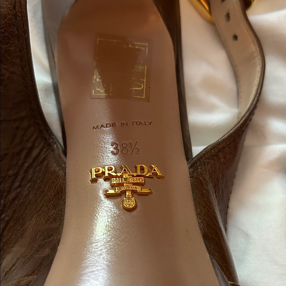 Prada Brown Leather Peep-Toe Slingback Heels - Picture 2 of 5